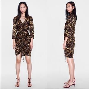 ZARA Animal Print Ruched Tie V-neck Drape Dress